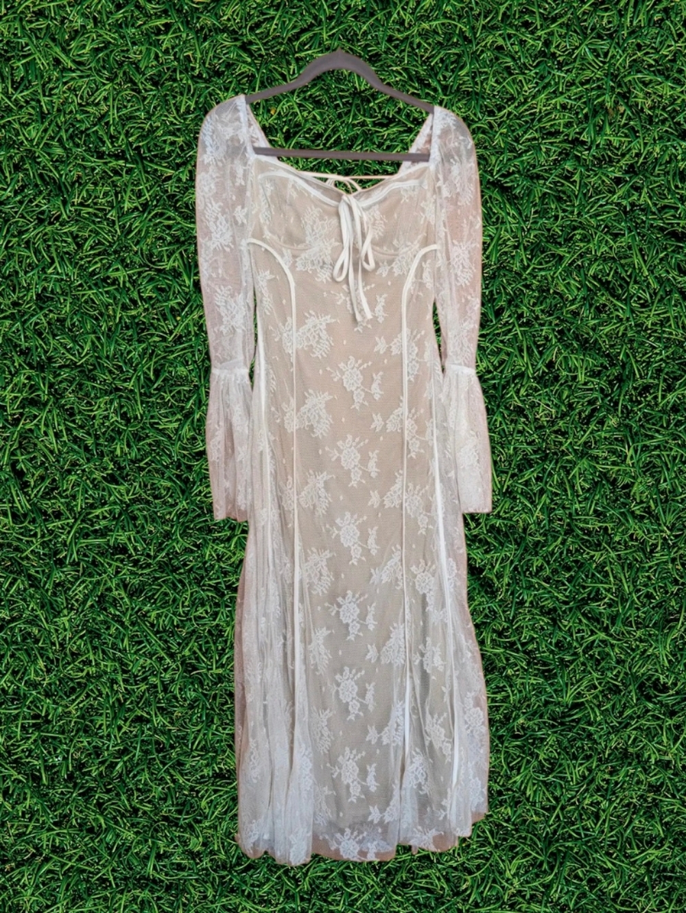 Sheer White Lace Maxi Dress Bell Sleeves Size Medium